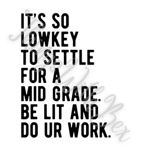 Pode incluir: Texto preto e branco em um fundo branco. O texto diz: "It's so lowkey to settle for a mid grade. Be lit and do ur work."