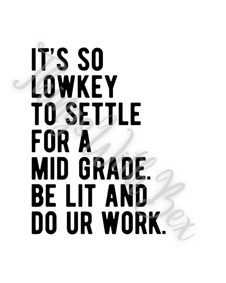 Pode incluir: Texto preto e branco em um fundo branco. O texto diz: "It's so lowkey to settle for a mid grade. Be lit and do ur work."