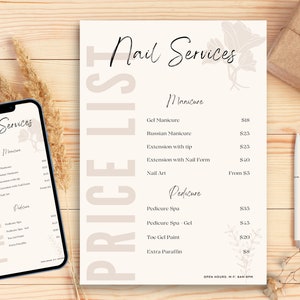 Cennik salonu paznokci beżowy | Elegancki, nowoczesny cennik dla salonów kosmetycznych, małych firm i szefowych | Szablon w 100% edytowalny