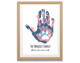 May include: A framed print with a handprint design in pink, blue, and white. The handprint is surrounded by the text "The Marquez Family" and "Where love never ends".