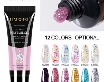 May include: A tube of clear nail gel with glitter, labeled "Limegirl Diamond Poly Nail Gel". The tube is 0.5 fl oz and is shown with a brush applicator. The image shows 12 different colors of glitter nail gel, labeled PGS001 through PGS012.