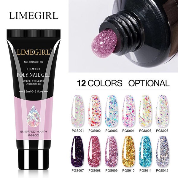 Limegirl Poly Nail Gel Glitter for Nails Extensions Fingernail Art Manicure Acryl Gel Varnish hybrid 15ML (0.5oz)Poly Nail Gel