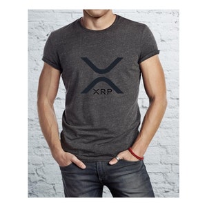 May include: A gray t-shirt with a black XRP logo and the word "XRP" printed on the front.