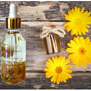 100% Organic Calendula Infused Body Oil, After Shower Oil, Anti Inflammatory, Glowing Skin, Cold Pressed and Unrefined Oils