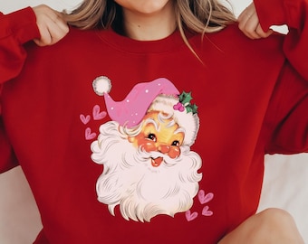 Pink Santa Hat Sweatshirt, Vintage Santa Shirt, Retro Pink Santa Shirt, Classic Christmas, Pink Christmas, Holiday Clothing, Gift For Women