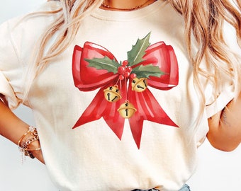 Comfort Colors® Christmas Bow Shirt, Coquette Bow Shirts, Christmas Girly Tees, Christmas Gift, Christmas Retro Tee, Xmas Coquette Shirts