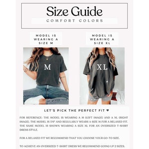 May include: Size guide for Comfort Colors t-shirts. The image shows two models wearing different sizes of the same shirt. One model wears a size M, the other a size XL. Text advises choosing your go-to size for a relaxed fit.