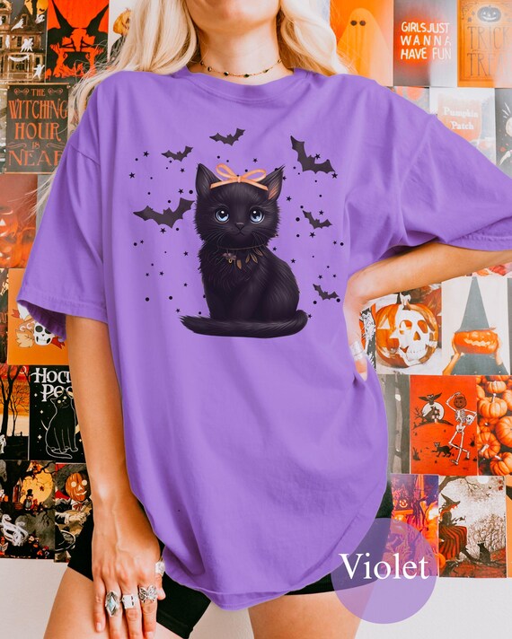 Halloween Cat Shirt, Black cat halloween Shirt, Cute Cat bow Shirt, Happy Halloween, Retro Spooky Season, Black Cat Shirt Comfort Colors