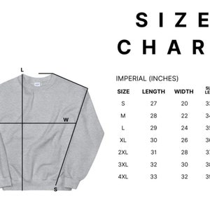 May include: Size chart for a sweatshirt in imperial inches. The chart shows the size, length, width, and sleeve length for sizes S through 4XL.