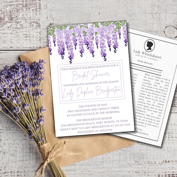 Invitación editable a la despedida de soltera inspirada en Bridgerton y columna Lady Whistledown - ¡DESCARGA INSTANTE! ¡Editable en Canva!