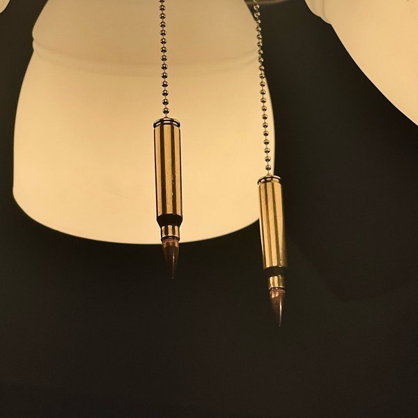 Gold 12in 5.56 / 223 draw strings | for ceiling fans | lamp pulls | 12in gold beaded chain | spent brass | bullet casing | extra 24in chain