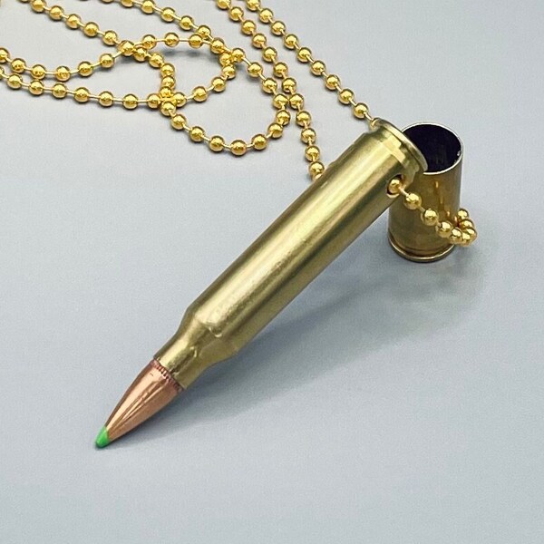 5.56 / 223 spent brass pendant & necklace | green tip projectile | gold 24" long bead chain | drilled | bullet casing