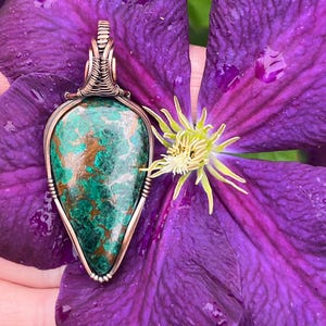Boulder chrysocolla wire wrapped in copper, pendant