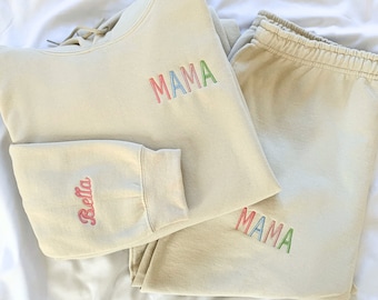 Custom MAMA Sweatsuit Hospital Outfit for Mom Gift Comfy Mom Sweats Mother's Day Gift for Dance Mom Embroidered Mom Hoodie with Joggers