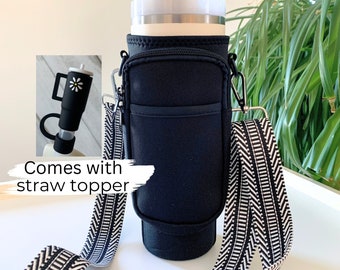 Gift for Stanley Cup Lover Gift for Busy Mom Gift Black Stanley Cup Carry Case with Strap and Straw Topper Water Bottle Carrier 40oz Stanley