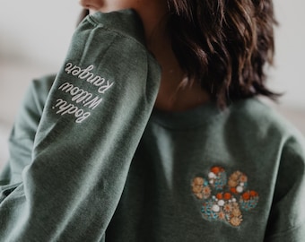 Floral Embroidered Fall Sweatshirt Custom Autumn Crewneck w Pet Name on Sleeve Fall Sweatshirt for Dog Lover Fall Fur MAMA Sweatshirt