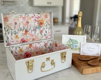 Personalized Keepsake Trunk Closing Gift Client Appreciation Memory Box White Exterior Gold Hardware Decorative Chest Fabric Lined Storage