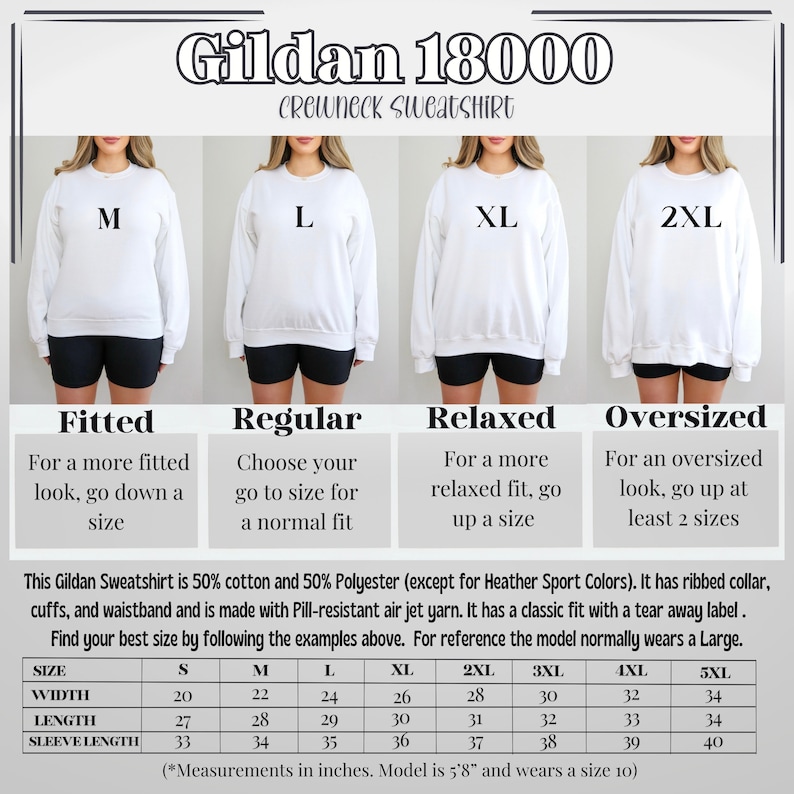 May include: A size chart for Gildan 18000 crewneck sweatshirts. The chart shows the different sizes available, from S to 5XL, and the corresponding measurements in inches for width, length, and sleeve length. The chart also includes a description of the fit for each size: fitted, regular, relaxed, and oversized.
