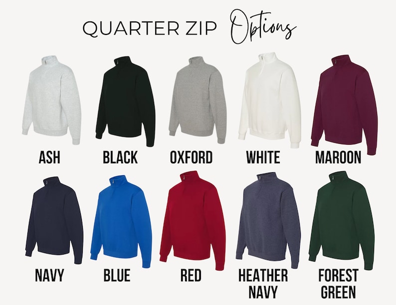 May include: A selection of 10 quarter zip sweatshirts in various colours, including ash, black, oxford grey, white, maroon, navy, blue, red, heather navy, and forest green.