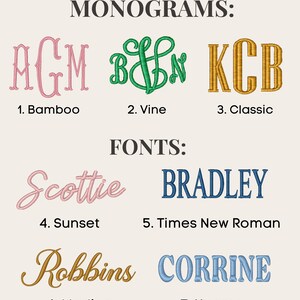 a collection of monogram designs, each featuring a unique font and name. The monograms include "BAMBO", "VINE", "CLASSIC", "BRADLEY", "SUNSET", "CORRINE", "ROBBINS", and "MADINA".