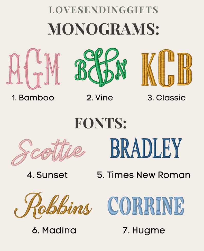 a collection of monogram designs, each featuring a unique font and name. The monograms include "BAMBO", "VINE", "CLASSIC", "BRADLEY", "SUNSET", "CORRINE", "ROBBINS", and "MADINA".