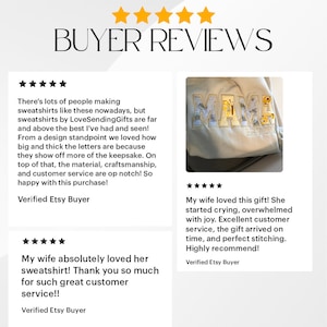 May include: Five-star reviews for a personalized sweatshirt with the word "MAMA" in gold letters on a beige sweatshirt. The reviews highlight the quality of the sweatshirt, the customer service, and the overall positive experience.