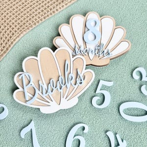 Strand baby mijlpaal foto zeeschelp babynaam maandelijkse mijlpaal houten bord strand thema kinderkamer decor babyshower cadeauset babykamer decor