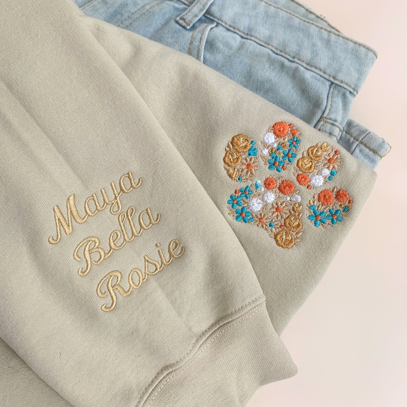 Floral Embroidered Fall Sweatshirt Custom Autumn Crewneck w Pet Name on Sleeve Fall Sweatshirt for Dog Lover Fall Fur MAMA Sweatshirt Sand