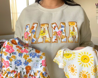 MAMA Keepsake Sweatshirt with Baby Clothes Keepsake Idea Custom Mothers Day Gift Personalized Gift Idea for Grandma Baby Outfit Mom Gift