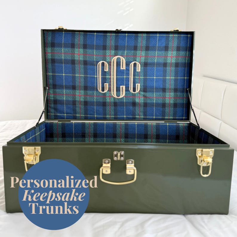 Personalized Keepsake Trunk Large Storage Chest Custom Baby Memory Box Nursery Organization Solution Gold Hardware Details Vintage Fabric Options Monogram Design Features Floral Interior Lining Perfect Gift Collection Special Occasion