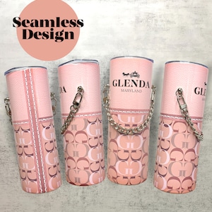 May include: Four pink tumblers with a chain handle and a pink and brown patterned design. The tumblers have the text "Glenda Maryland" on one of them.