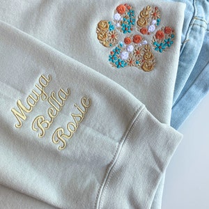 Floral Embroidered Fall Sweatshirt Custom Autumn Crewneck w Pet Name on Sleeve Fall Sweatshirt for Dog Lover Fall Fur MAMA Sweatshirt image 6