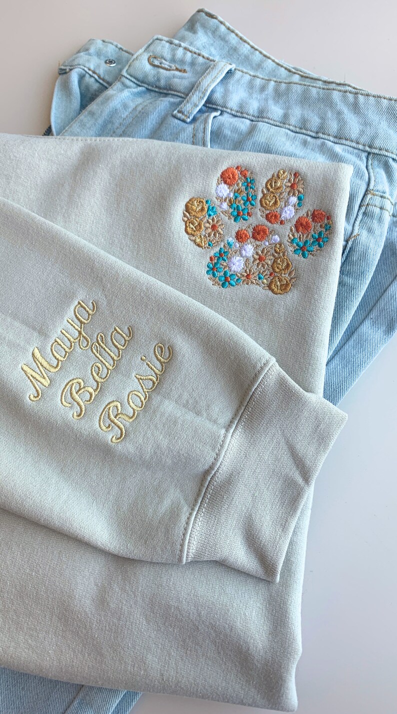 Floral Embroidered Fall Sweatshirt Custom Autumn Crewneck w Pet Name on Sleeve Fall Sweatshirt for Dog Lover Fall Fur MAMA Sweatshirt image 6