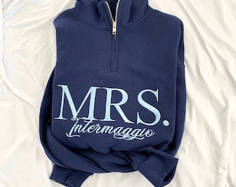 Personalized Bride Sweatshirt Wedding Gift For Bride Something Blue Quarter Zip Pullover Top Bridal Shower Present Idea Honeymoon Outfit