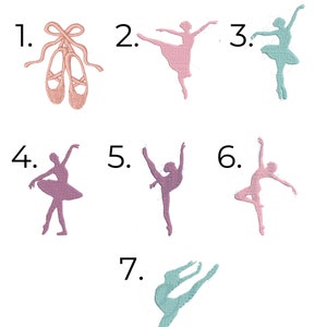 May include: Seven different embroidery designs for a ballet-themed project. The designs include a pair of ballet shoes, a ballerina in a pink tutu, a ballerina in a blue tutu, and four other ballerina poses.
