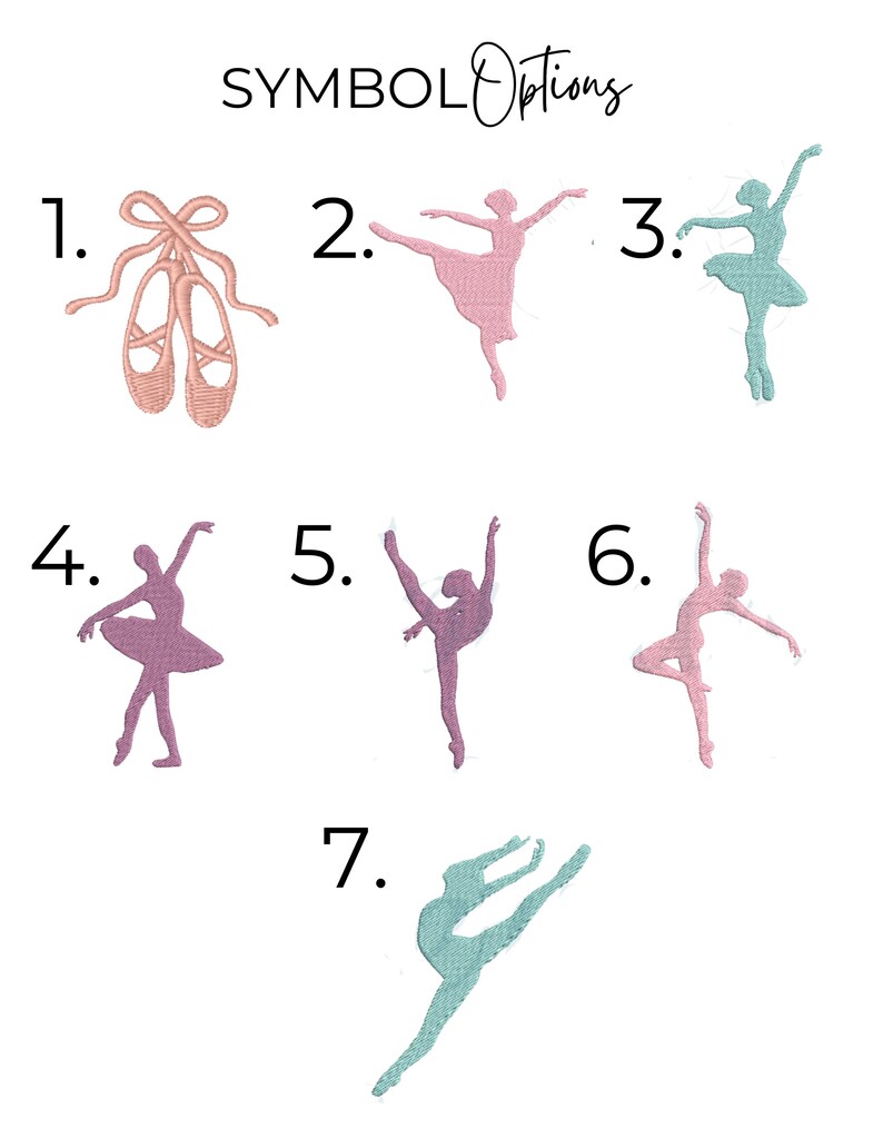 May include: Seven different embroidery designs for a ballet-themed project. The designs include a pair of ballet shoes, a ballerina in a pink tutu, a ballerina in a blue tutu, and four other ballerina poses.