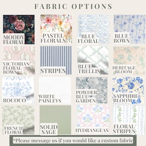 a collection of fabric options, including floral patterns, pastel colors, and other decorative elements.