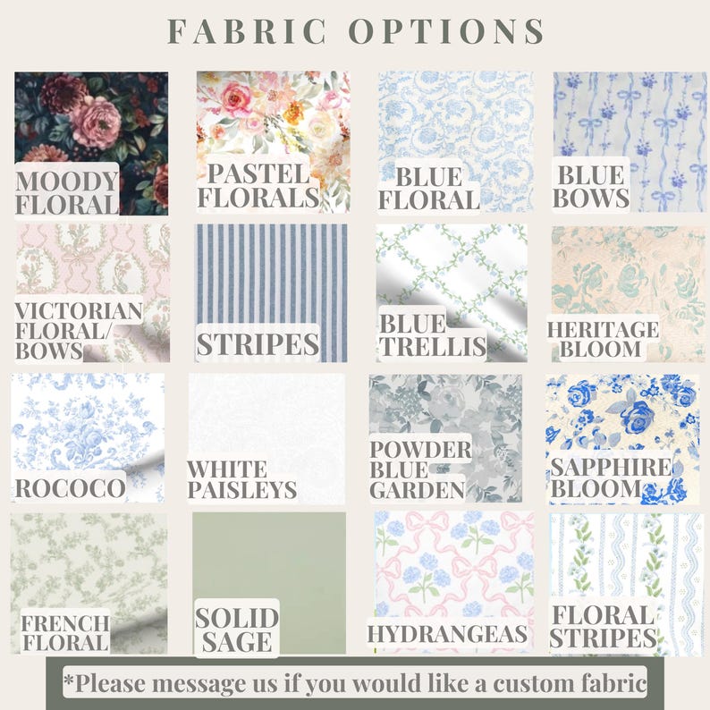 a collection of fabric options, including floral patterns, pastel colors, and other decorative elements.