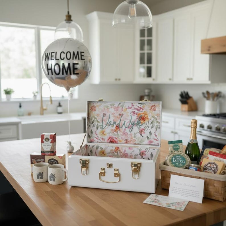 May include: A white suitcase with gold hardware and a floral interior sits open on a wooden countertop. A silver balloon with "WELCOME HOME" text floats above. The scene includes mugs, tea, and a basket with food items.