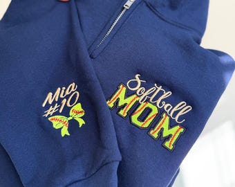 Custom Softball Mom Sweatshirt with Kid Name on sleeve Personalized Softball mama Shirt Game Day Softball Season Zip Up Baseball Mom Shirt