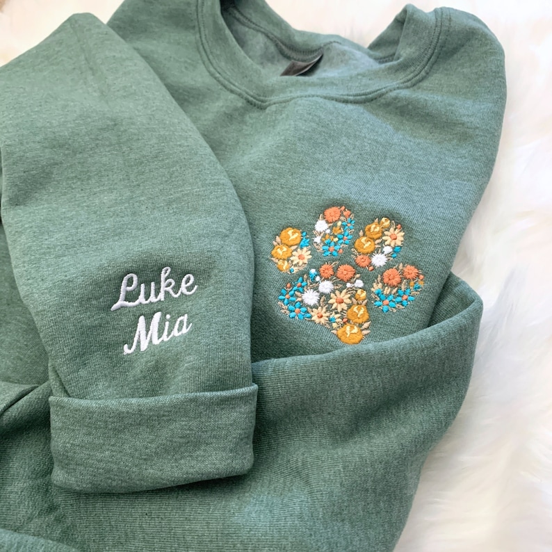 Floral Embroidered Fall Sweatshirt Custom Autumn Crewneck w Pet Name on Sleeve Fall Sweatshirt for Dog Lover Fall Fur MAMA Sweatshirt Heather Green