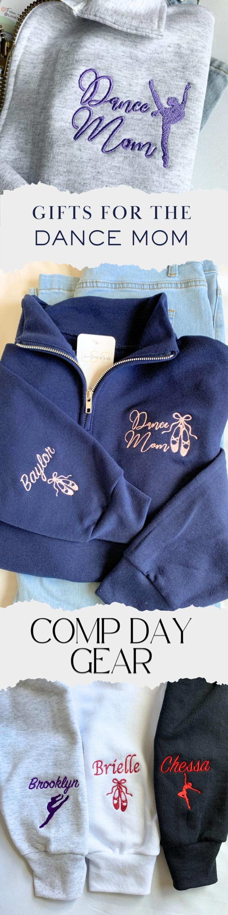 May include: Three sweatshirts with embroidered designs. The first sweatshirt is grey with purple embroidery that says "Dance Mom" with a dancer silhouette. The second sweatshirt is navy blue with pink embroidery that says "Dance Mom" with a pair of ballet shoes. The third sweatshirt is white with red embroidery that says "Brielle" with a pair of ballet shoes.