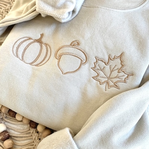 May include: A light beige sweatshirt with an embroidered design of a pumpkin, acorn, and maple leaf. The design is in a light brown color.