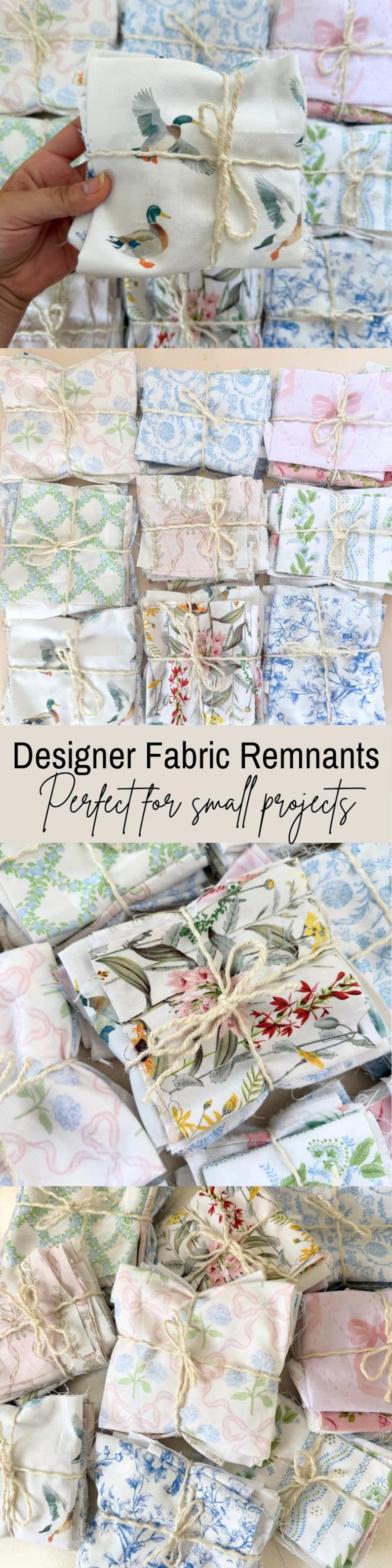 Puede incluir: Montones de retazos de tela de dise&ntilde;o, atados con hilo. Las telas presentan estampados florales, de patos y lazos en tonos azules, rosas y blancos. El texto "Designer Fabric Remnants Perfect for small projects" es visible.