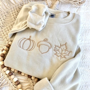 Embroidered Pumpkin Sweatshirt Cute Fall Hoodie Cozy Fall Hoodie Embroidered Crewneck Autumn Attire Fall Leaf Acorn Minimalist Fall Wardrobe