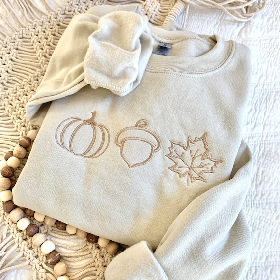 Embroidered Pumpkin Sweatshirt Cute Fall Hoodie Cozy Fall Hoodie Embroidered Crewneck Autumn Attire Fall Leaf Acorn Minimalist Fall Wardrobe
