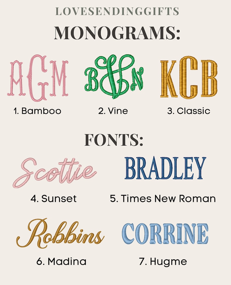 a collection of monogram designs, each featuring a unique font and name. The monograms include "BAMBO", "VINE", "CLASSIC", "BRADLEY", "SUNSET", "CORRINE", "ROBBINS", and "MADINA".