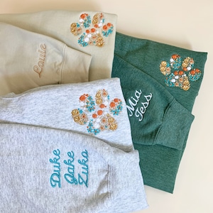 Floral Embroidered Fall Sweatshirt Custom Autumn Crewneck w Pet Name on Sleeve Fall Sweatshirt for Dog Lover Fall Fur MAMA Sweatshirt Ash Gray (heather)