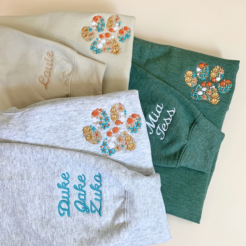 Floral Embroidered Fall Sweatshirt Custom Autumn Crewneck w Pet Name on Sleeve Fall Sweatshirt for Dog Lover Fall Fur MAMA Sweatshirt Ash Gray (heather)
