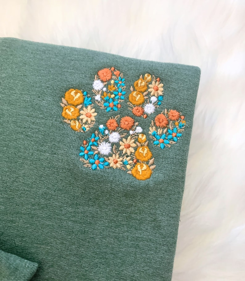 Floral Embroidered Fall Sweatshirt Custom Autumn Crewneck w Pet Name on Sleeve Fall Sweatshirt for Dog Lover Fall Fur MAMA Sweatshirt image 5